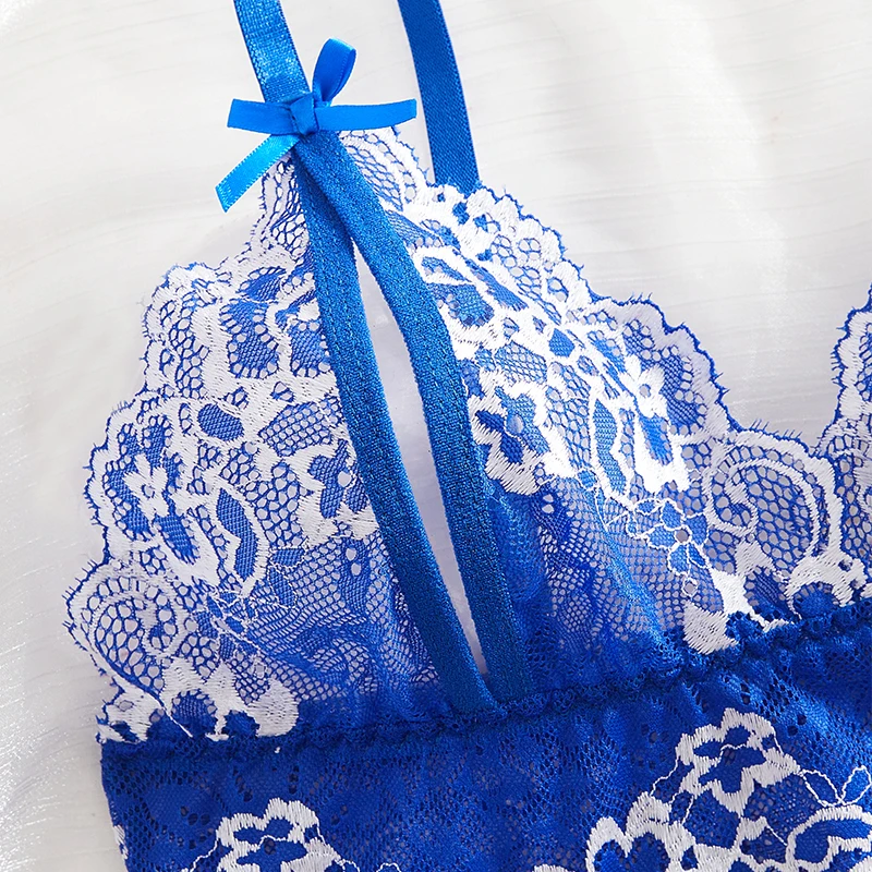 Sexy Hot Blue Lace Crotchless Women Sex Lingerie Outfit Exotic Semi Perspective Comfortable Home Underwear Set Erotic Costumes image 3