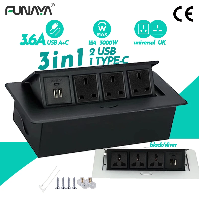 FUNAYA Pop Up Socket Multi Universal UK with USB TYPE-C CAT6 HDMI Cable Multimedia Built-in Socket for Office Desktop Countertop