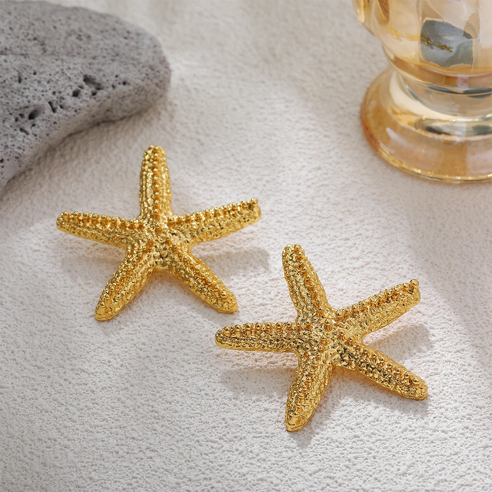 New Trendy 18K Gold Plated Stainless Steel Sea Ocean Element Starfish Earrings for Women Summer Beach Waterproof Jewelry Gifts