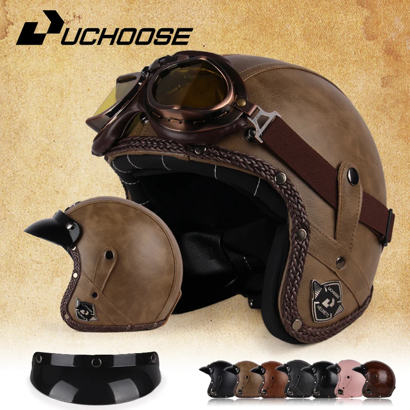 UCHOOSE Retro Motorcycle Helmet PU Leather Open Face 3/4 Chopper Bicycle Helmets Classic Casco Moto Vintage