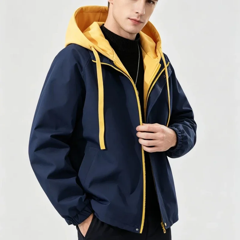Fake Two Pieces Hooded Windbreaker Jackets for Man Autumn Winter Full Zip Contrast Hood Loose Fit Outdoor Workwear Coats Male