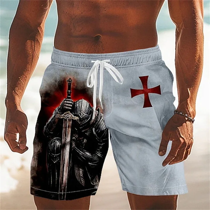 3D-gedruckte Templerkreuz-Grafik Herren Retro Casual Shorts Vintage Outdoor Alltag Elastischer Kordelzug Bund Sommer Badehose Neu – Detail 3