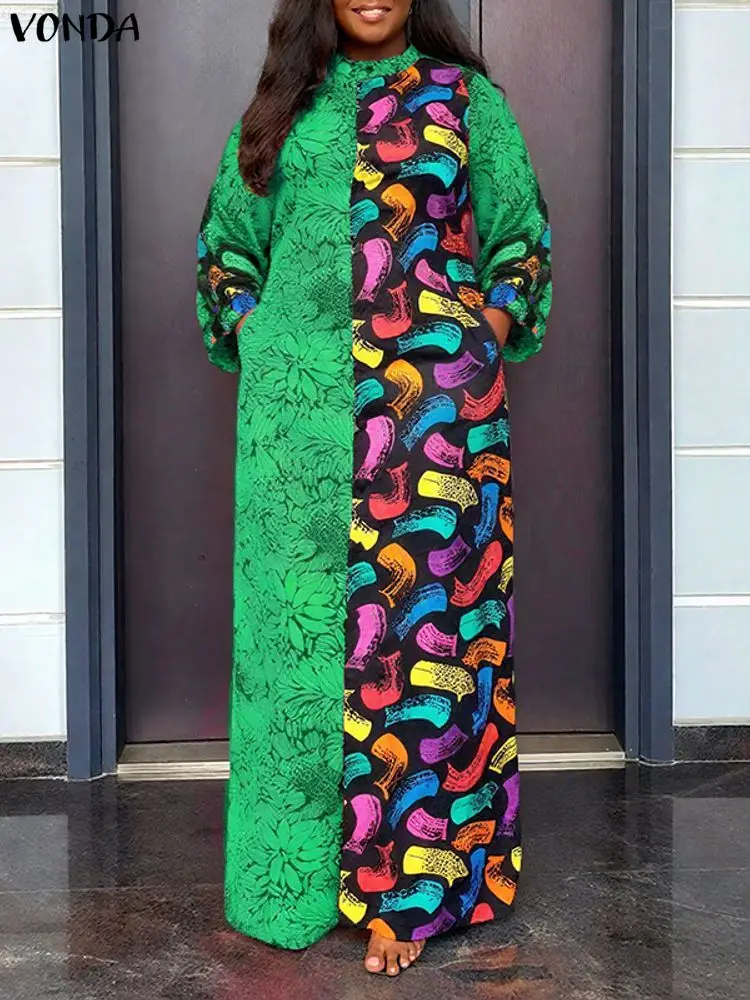 

Bohemian Plus Size Dresses 5XL VONDA 2025 Women Printed Fashion Stand Collar Vintage Party Maxi Robe Autumn Long Shirt Vestidos