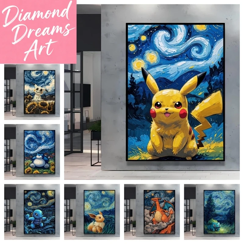 Van Gogh Style Pokemon Pikachu 5D Diamond Painting Cross Stitch Mosaic Kits Home Decoration Wall Stickers DIY Handmade Gift