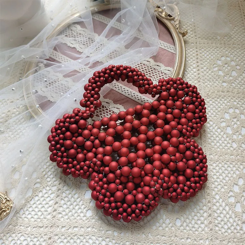 2023 New Spring Summer Design Women\'s Bags Fashion Retro Flower Red White Pearl Cross Body Handbag Woven Beaded Handmade Bag