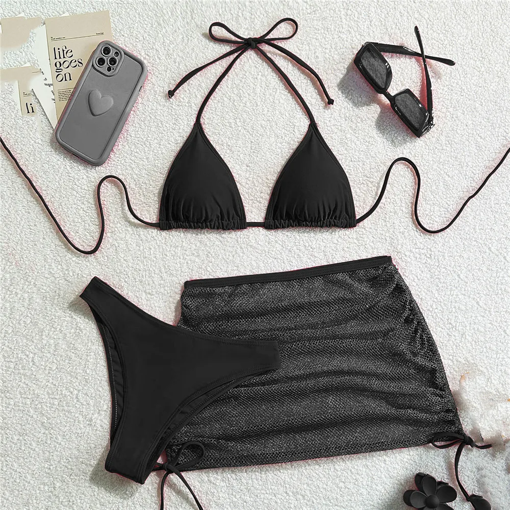 Solid Brown Swimwears String Halter Triangle 3 Piece Bikini Set Sexy Swimsuit Women 2026 Mesh Skirts Bathing Suit Bikinis Dames - Image 4