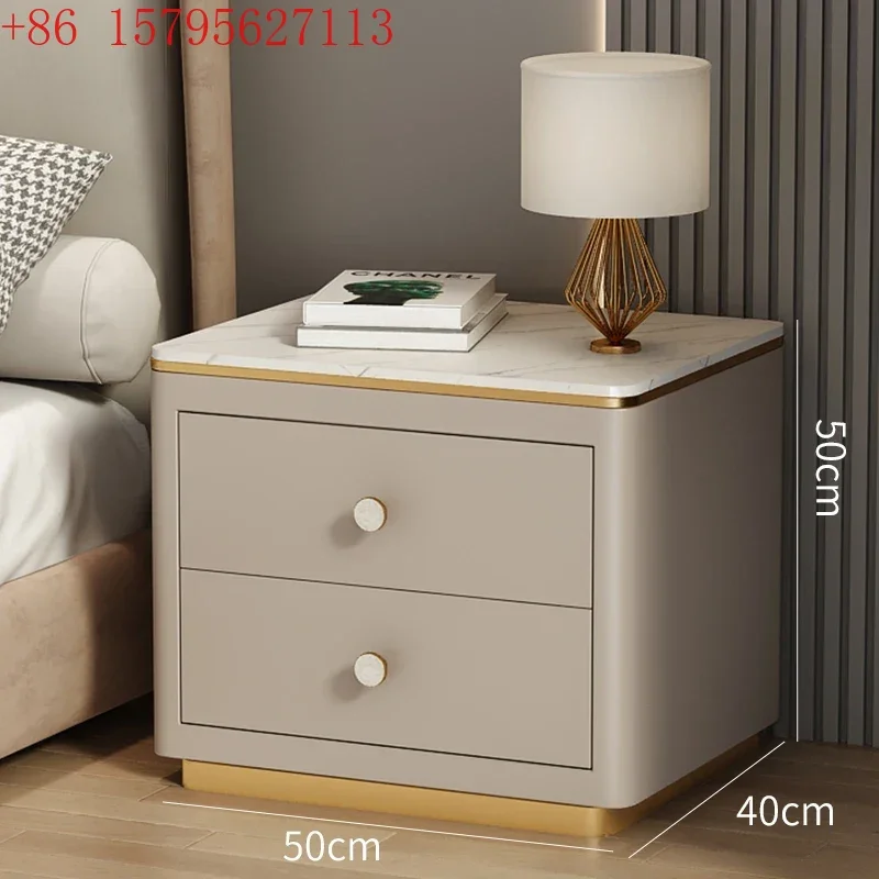 02All solid wood modern simple bedside table, rock slab leather bedroom, storage bedside cabinet