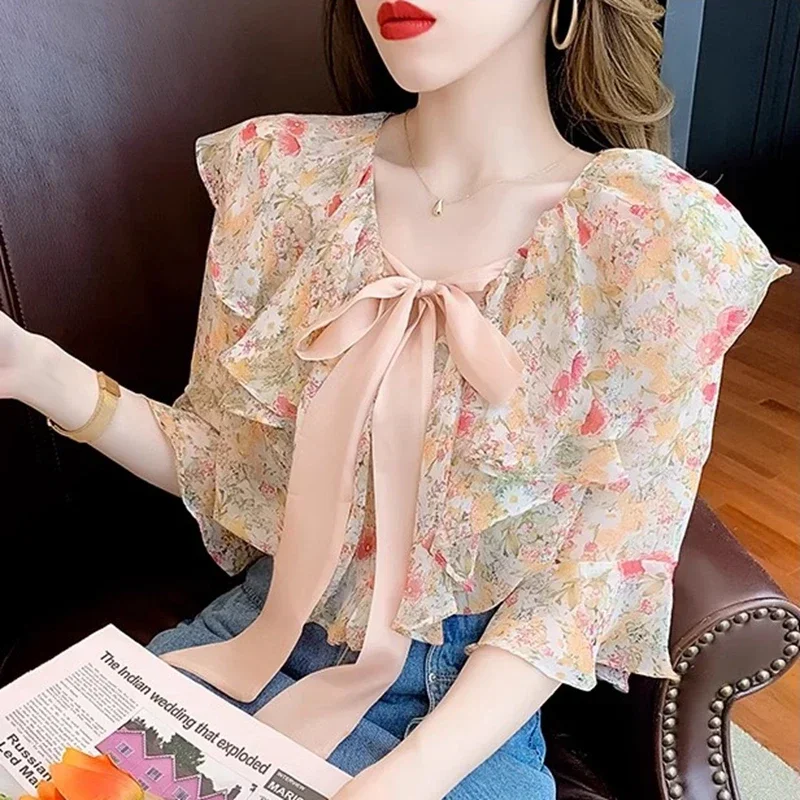 Floral Printed Summer Blouses Women 2024 Korean Fashion Short Sleeve Blusas Vintage Bow Neck ruffles Chiffon Tops y2k Shirts