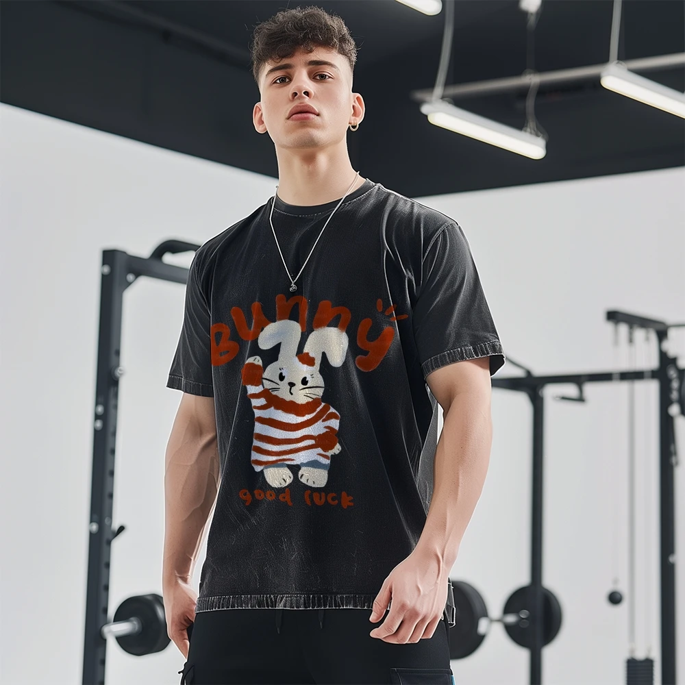 Cute Summer 2025 Tee Y2k Women's T-Shirt Washed T-Shirt Cute Hand-Painted Bunny Korean Graphic Style Oversized Comfort Top