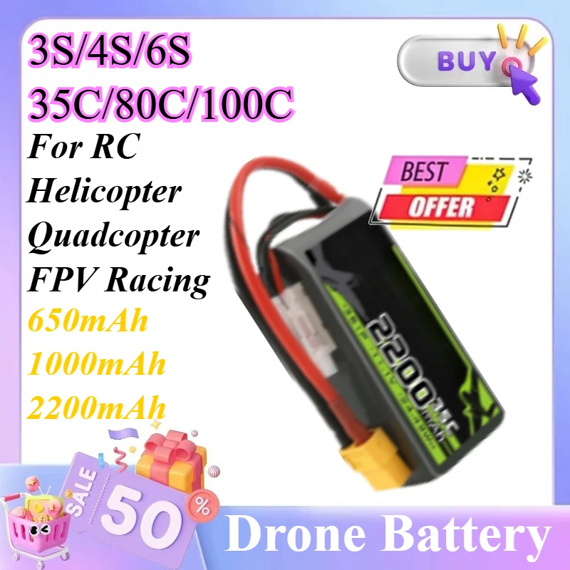 

3S/4S/6S 35C/80C/100C 650mAh/1000mAh/2200mAh XT60 For RC Helicopter Quadcopter FPV Racing Drone Parts Lipo Batterys