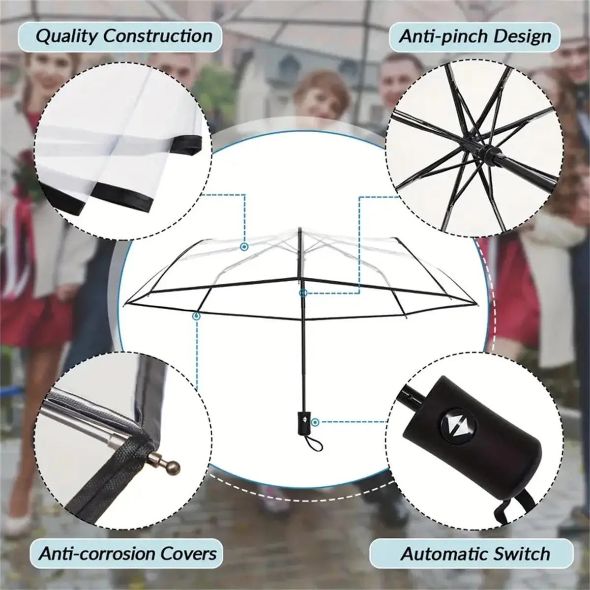 Automatischer Klarer Bubble-Regenschirm im Koreanischen Stil, Transparenter Reise-Kuppelschirm für Frauen und Mädchen - Schutz bei Regen und Wind – Detail 12
