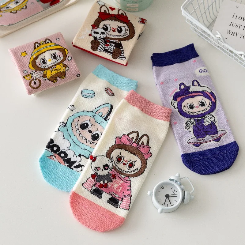 5 Pairs Labubu women's short socks cartoon Labubu trend ladies boat socks cute adult breathable cotton socks