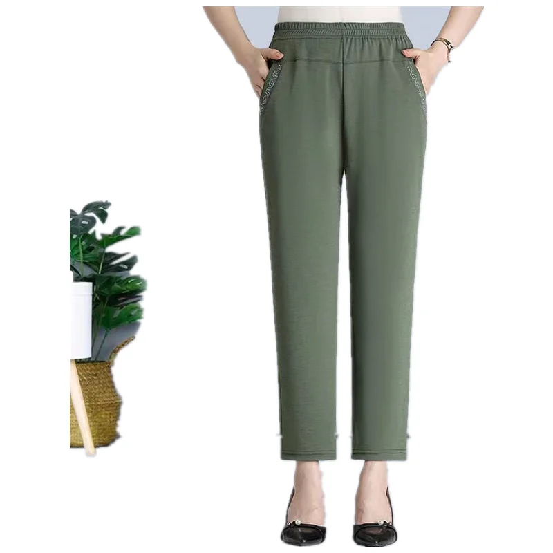 سراويل غير رسمية مرنة عالية الخصر رفيعة للربيع والصيف للنساء في منتصف العمر وكبار السن سراويل مريحة فضفاضة مستقيمة الساق