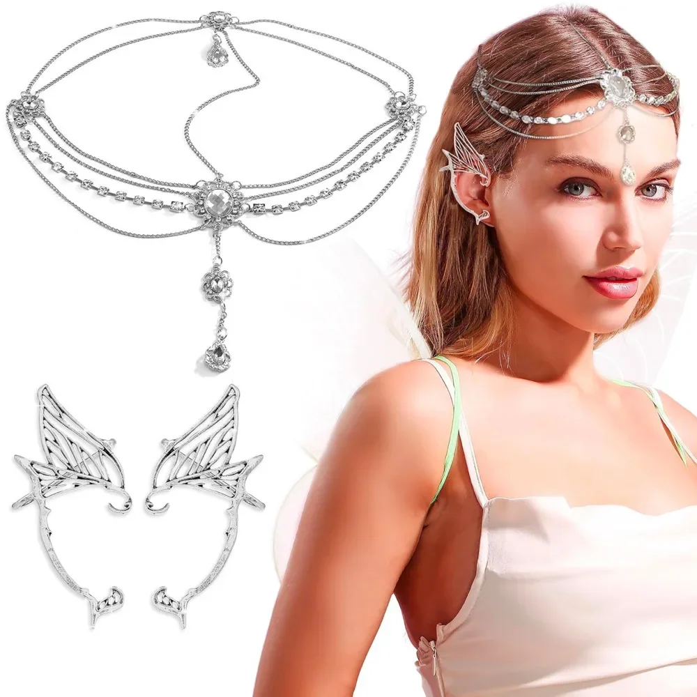3-piece Fairy Style Trendy Elf Earcuff Earrings Rhinestone Head Chain Headband Set For Women's Cosplay Jewelry Accessories