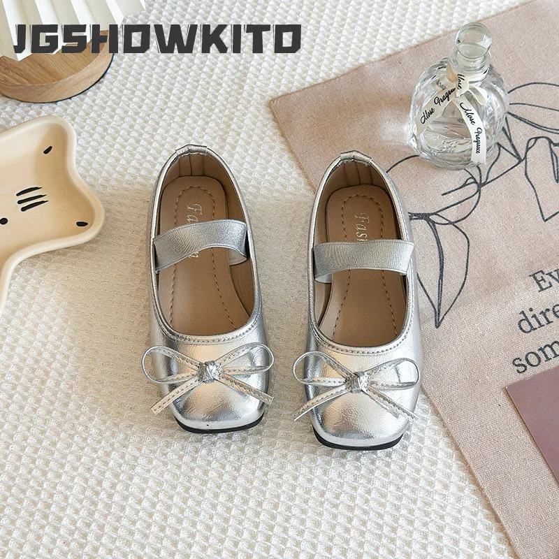 JGSHOWKITO Girls Dress Shoes Children Flats Silver Kid Mary Janes for Wedding Chic Simple Fashion Princess Bowtie Elastic Band