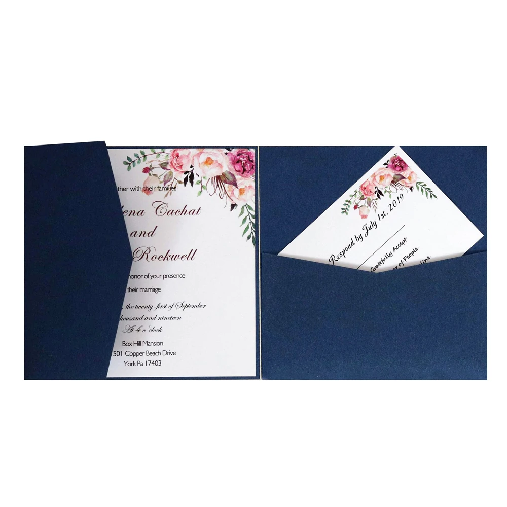 50 pieces Retro Tri-fold Pocket Wedding Invitation Card Customized Print Navy Blue Engagement Marriage Invite RSVP Cards IC163