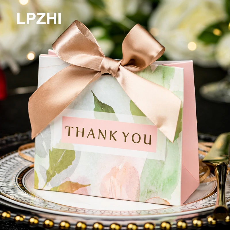 

LPZHI 10Pcs Wedding Gift Paper Bag With Ribbon For Party Supplies Birthday Holiday Treat Candy Chocolate Cookies Packaging Favor