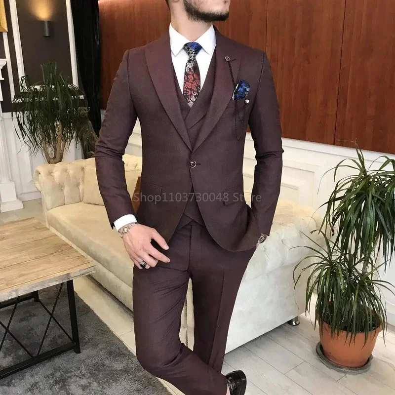 3Pieces Jacket Vest Pants Dark Burgundy Men\'s Suits Peak Lapel Blazer Formal Double Breasted Vest Wedding Party Tuxedos Male