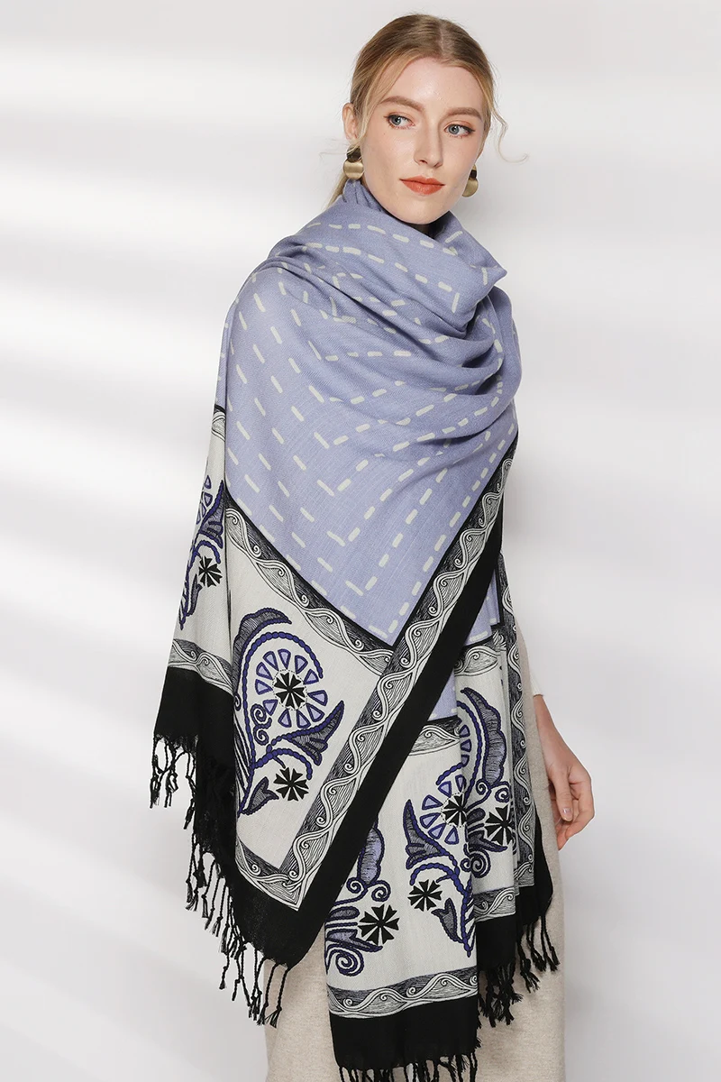 DANA XU 100% Wool Scarf Women Large Shawl Pashmina Winter Purple Floral Warm Soft Cashmere Feel Gift Wedding Party 245x110cm