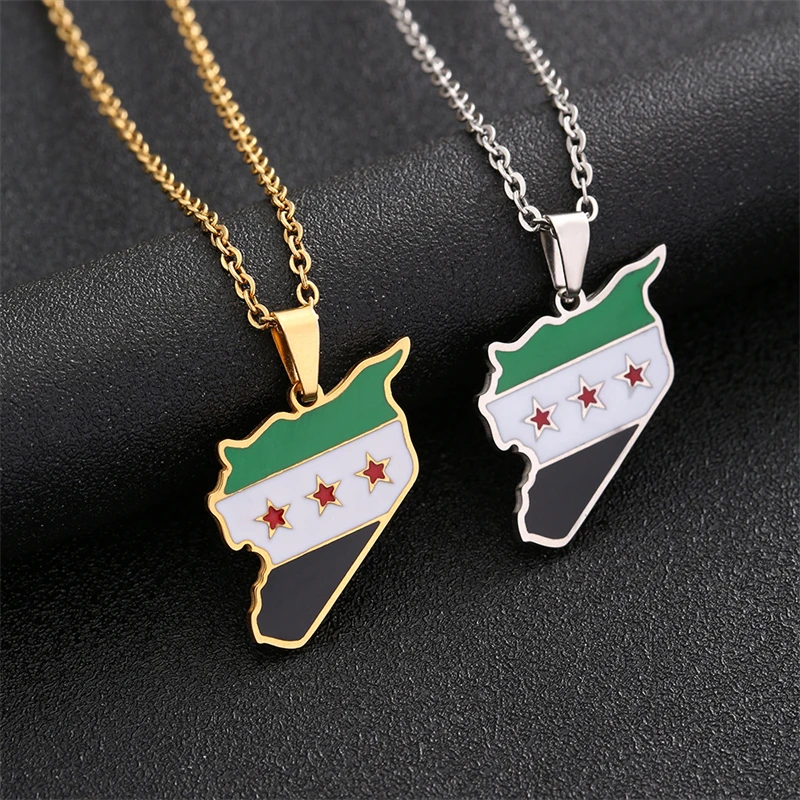 Stainless Steel Syria Map Flag Pendant Necklaces for Women Men Gold Color/Silver Color Charm Fashion Syrians Map Chain Jewelry