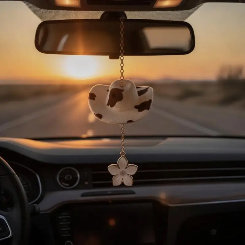 Cow Print Car Hanging Pendant Unique Cowboy Hat Shaped Auto Rearview Mirror Decor Accessory for All Car Models
