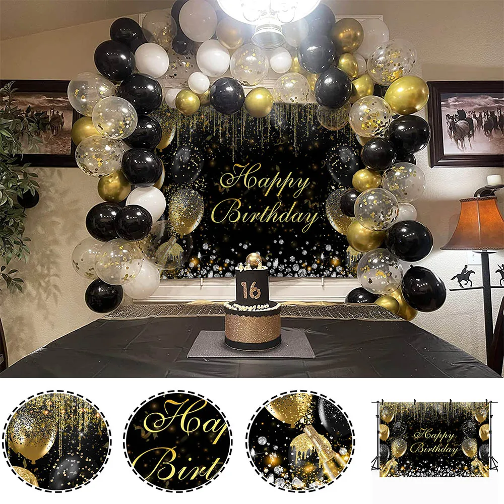 Mocsicka Black and Gold Adult Birthday Backdrop Glitter Diamond Sprinkles Balloon Bokeh Photography Background Party Decor Props