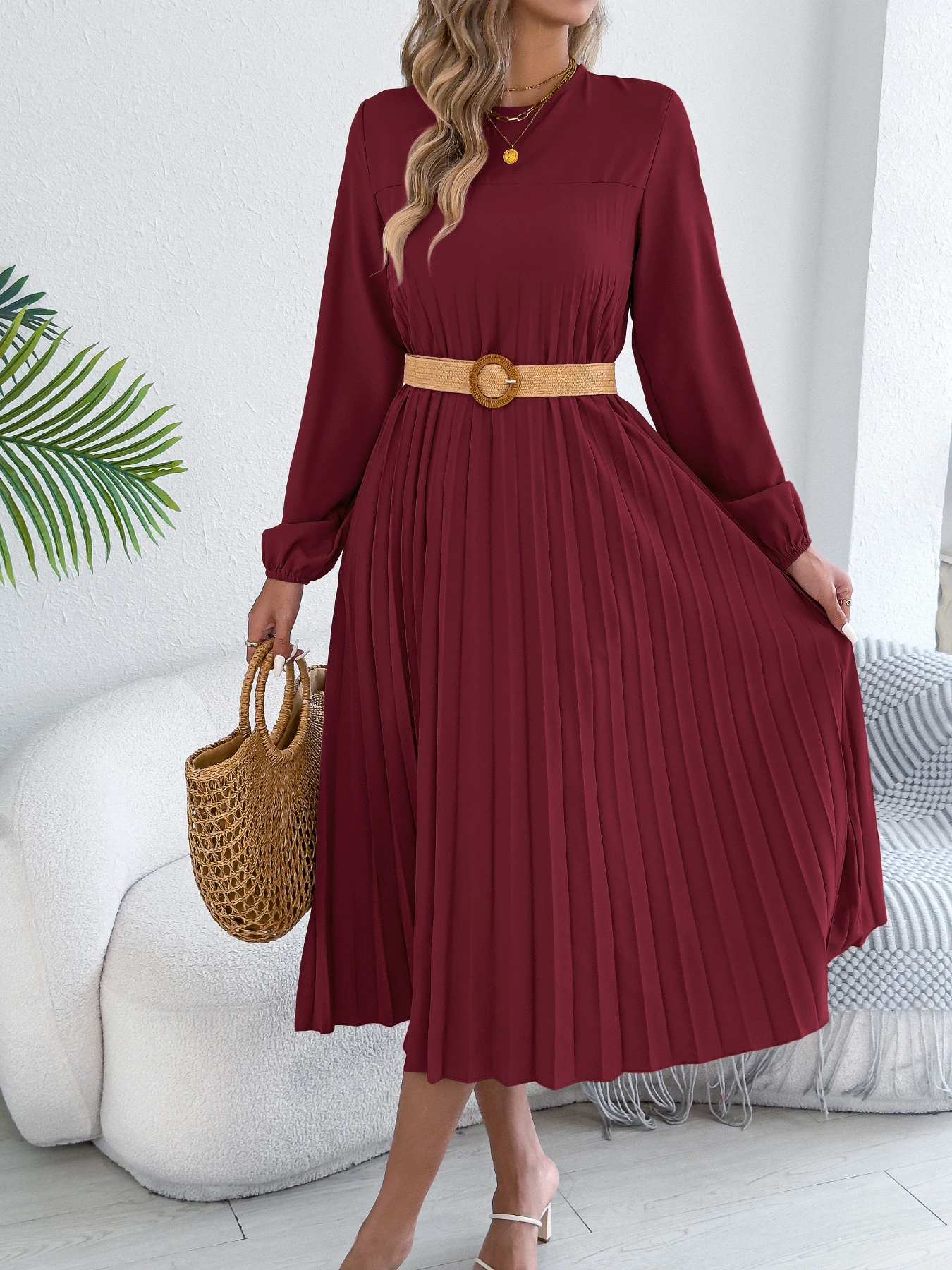 Vestido Elegante para Mujer 2026, Retro, Color Sólido, Cuello Redondo, Manga Larga, Plisado, sin Cinturón, Otoño Invierno 2026, Verde Caqui, Rojo - Image 6
