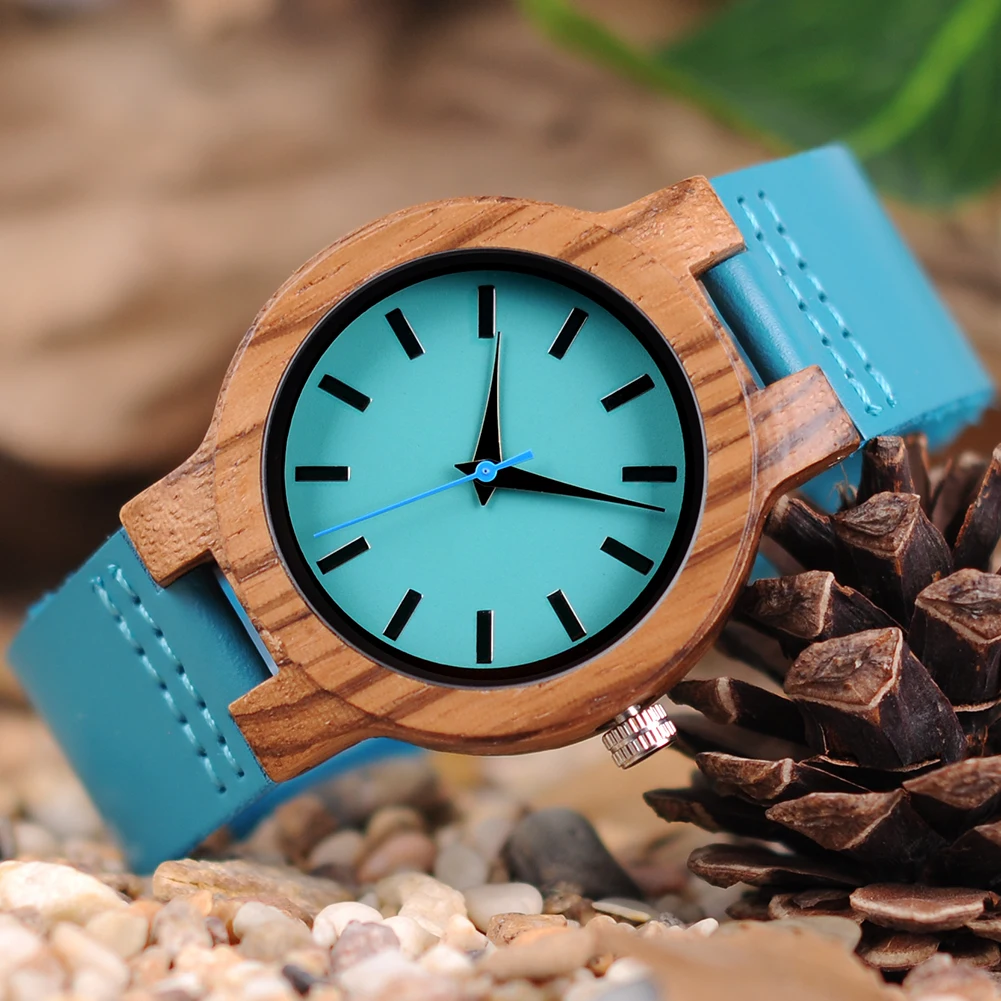 BOBO BIRD Women Watches Zebra Wooden Timepieces Turquoise Blue Leather Men Watch Personalized Lovers Gifts Relogio Masculino