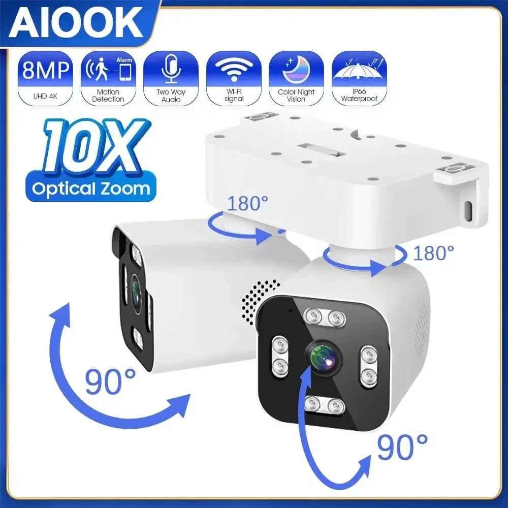 AIOOK Security Camera Outdoor Waterproof Dual Lens HD 8MP 4K 10X Zoom WiFi CCTV Night Vision Two-Way Intercom PTZ Remote Viewing