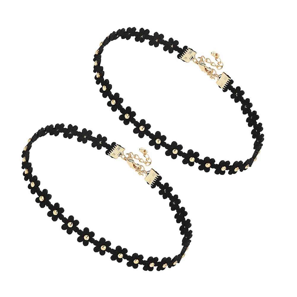 

2Pcs Flowers Necklace Chain Elegant Chokers for Women Trendy Daily Wear Wedding Gifts Black Flower Design Comfortable