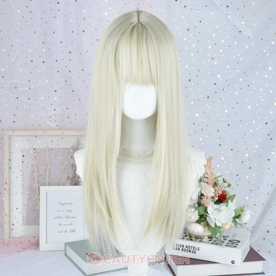 ยาวตรงสีขาว Platinum วิกผมสังเคราะห์กับ Bangs สําหรับผู้หญิงสีขาวสีบลอนด์คอสเพลย์ Lolita วิกผมธรรมชาติผมทนความร้อนใช้