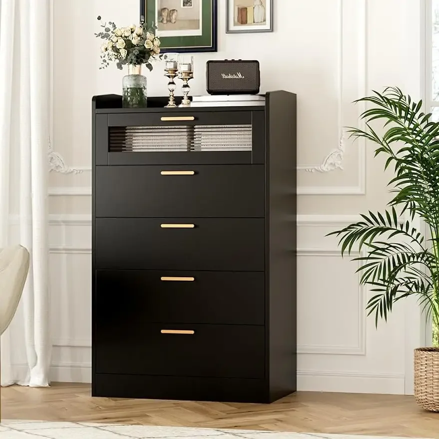 

5 Drawer Dresser, Tall White Chest of Drawers with Gold Handles, Wood Storage Cabinet with Anti-Drop Fence & Fluted Glass,Black