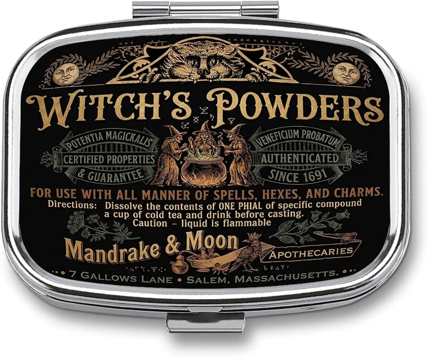 Metal pill box, double-compartment travel pill box, suitable for vitamins, supplements, and medication, compact and portable, can fit into a wallet or pocket (Witch's Powder)
