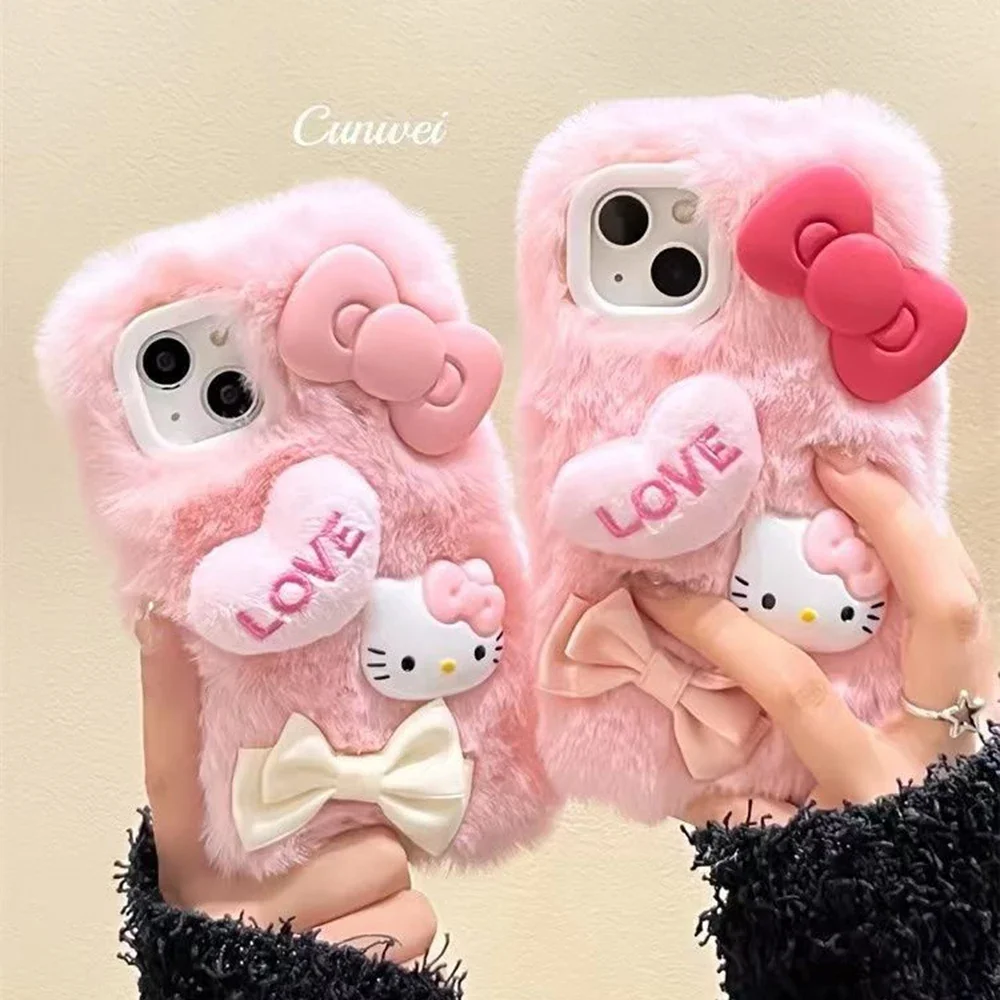 New Sanrio Furry 3D Bow Hello Kitty Plush Phone Case For iPhone 15 14 13 12 11 Pro Max Mini XR XS MAX 8 X XS 7 SE P Cover Gifs