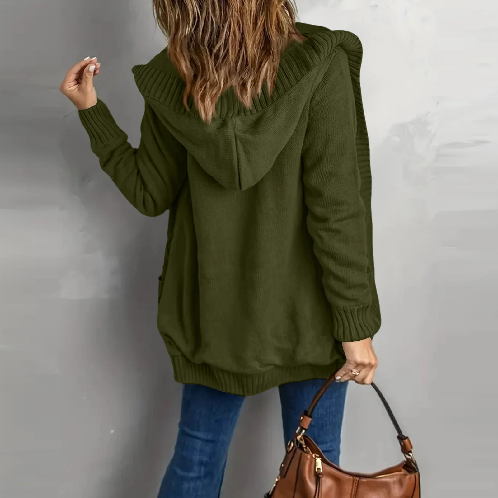 Damski sweter rozpinany z kapturem, dzianinowy, jesienno-zimowy, casualowy, jednolity kolor, długi rękaw, kieszenie, płaszcz, strój na co dzień.