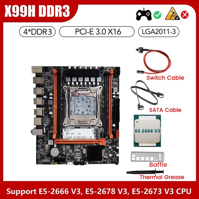 

X99H Desktop Motherboard+E5 2666 V3 CPU+Thermal Grease LGA2011-V3 B85 DDR3X4 ECC Slot M.2 NVME PCI-E 3.0 X16 Black PCB 1Set