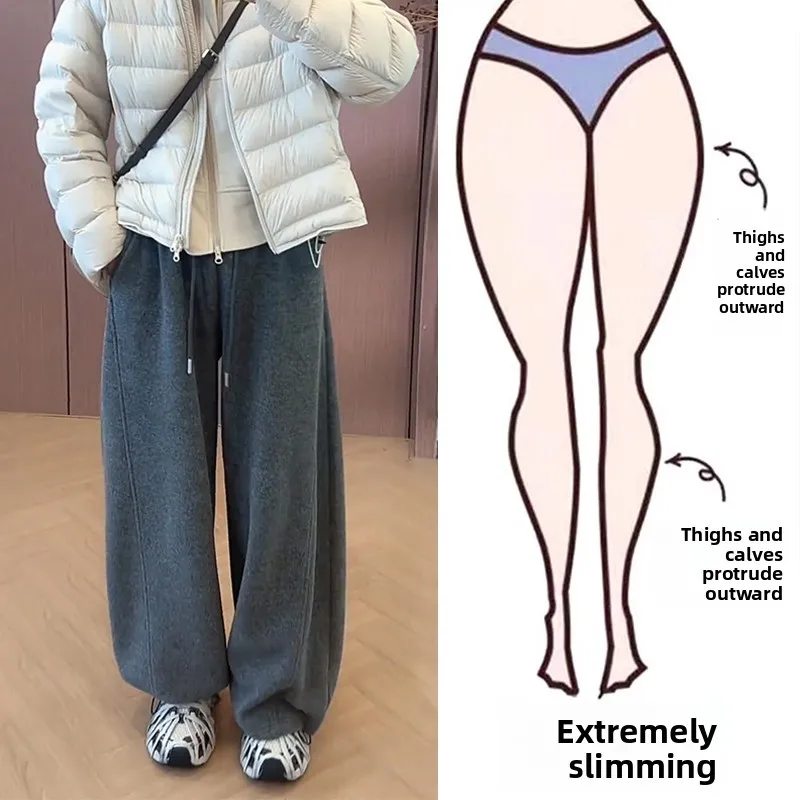 

Thickened Fleece Wide Leg Pants Women's Autumn Winter High Waist Slimming Trousers Casual Style Pocket Detail High Elasticity