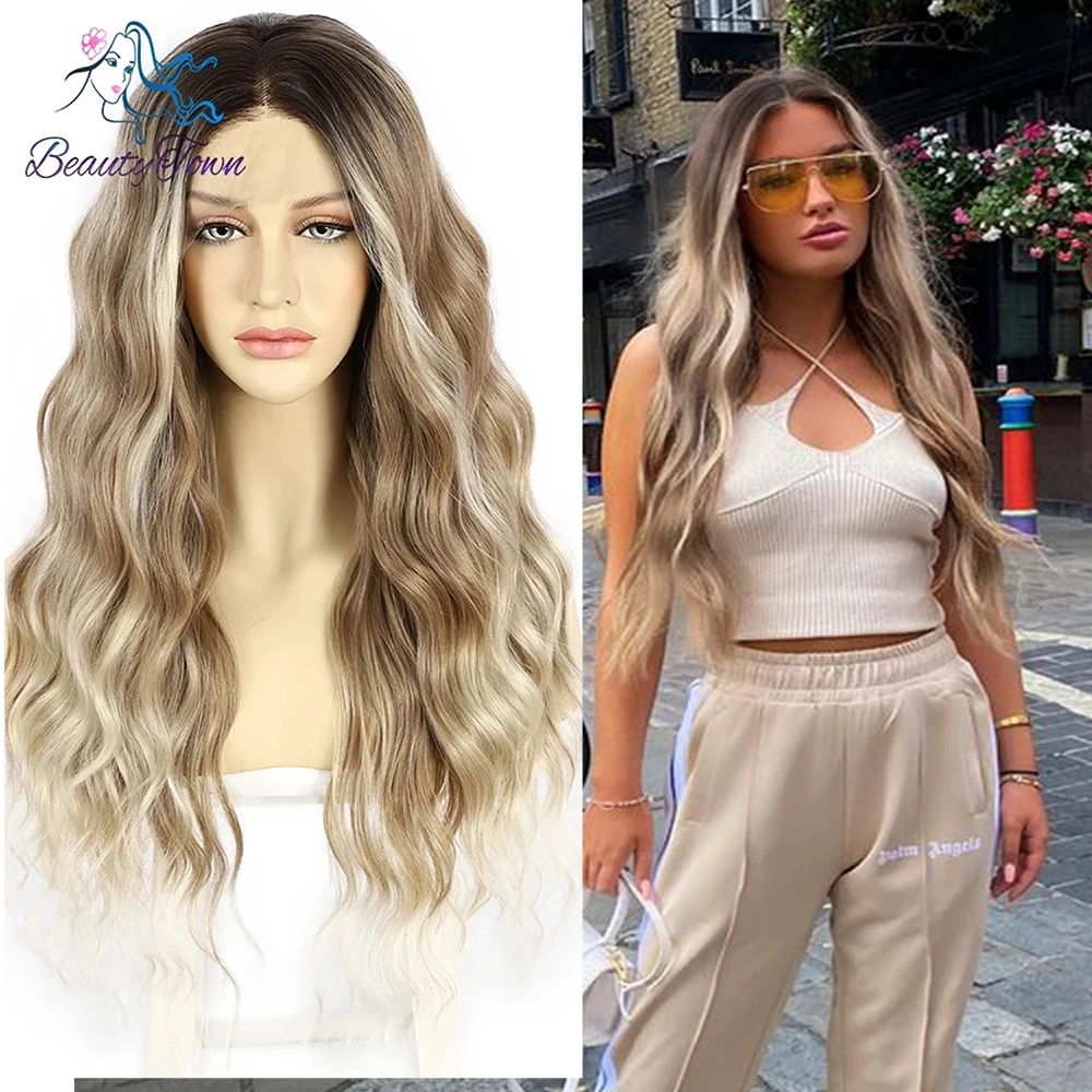 

Honey Blonde Synthetic Lace Front Wig Sliver Highlight Colored HD Transparent Lace Wig For Women Body Wave Cosplay Party Wig