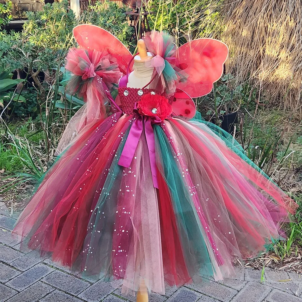 Girls Red Glitter Tutu Dress Kids Flower Fairy Dresses with Wing and Hairbow Children Birthday Party Costume Photograph Cloth