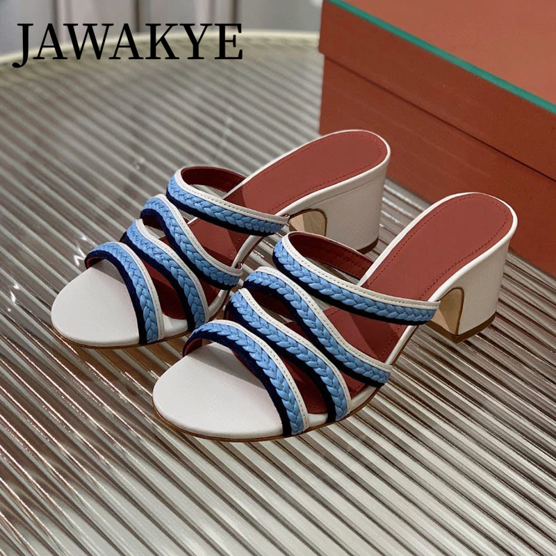 

Summer Narrow band Women Slippers Color block Open Toe Chunky Heels Women Pumps Summer Dress Banquet Flat Heels Women Sandals