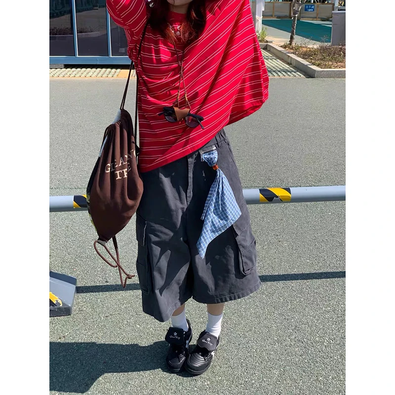 

ZHIZOU Summer Dark Gray Washed Loose Cargo Denim Cropped Pants Women High Street Y2K Vintage Baggy Jean Oversized Jorts Shorts