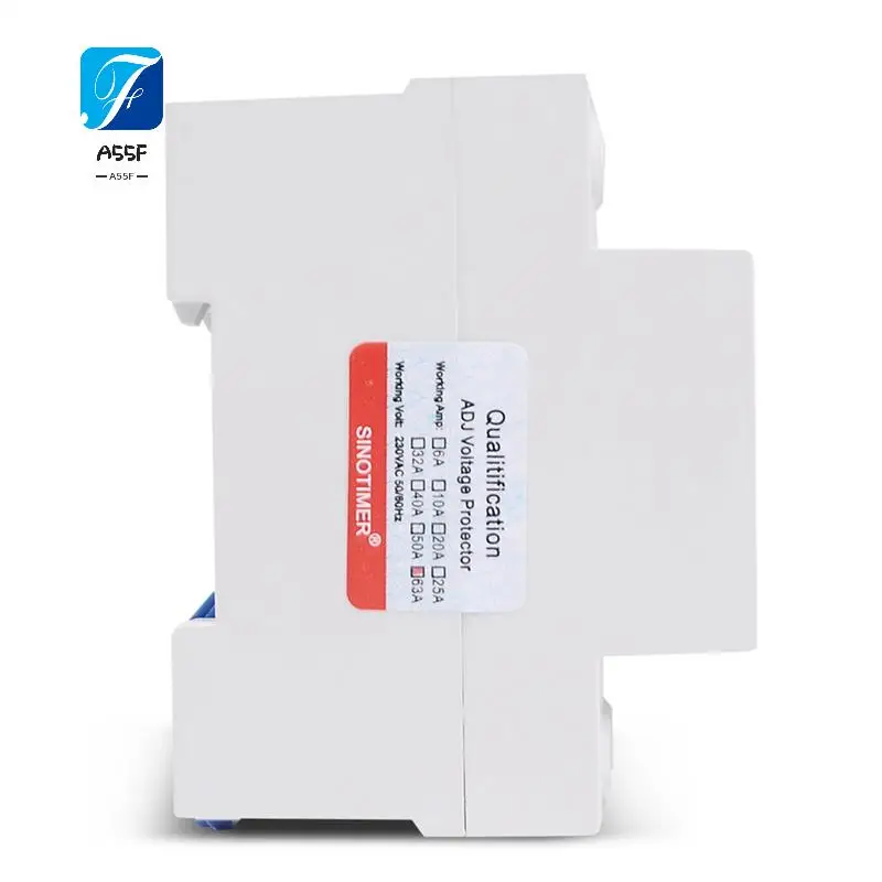 

A55F-SINOTIMER 63A Din Rail Voltage Surge Protector 230V Adjustable Voltage Surge Protector Relay With Limit Current Protection