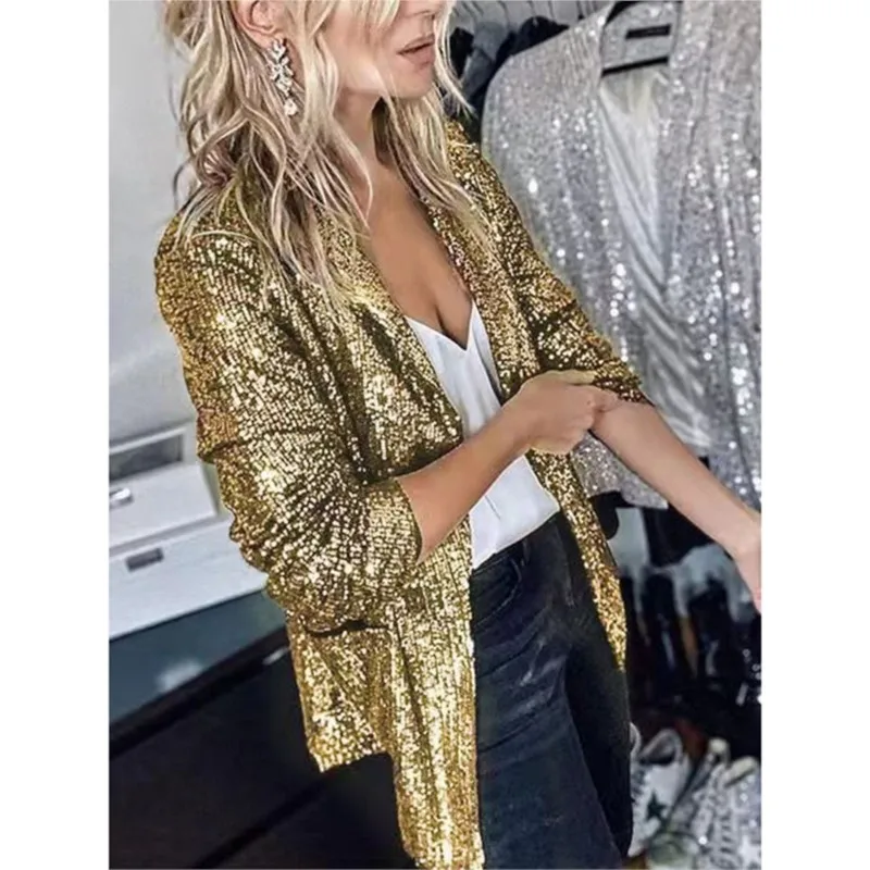 New Fashion Sequins Blazers Women\'s Suit Jacket Casual Long Sleeved Glitter Suits Party Wear Shiny Lapel Coat Women\'s Outerwear