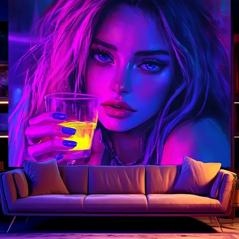 

Vibrant Neon Drinking Girl Tapestry UV Blacklight Glow Art Wall Hanging Living Room Bedroom Office Decor Night Light Painting