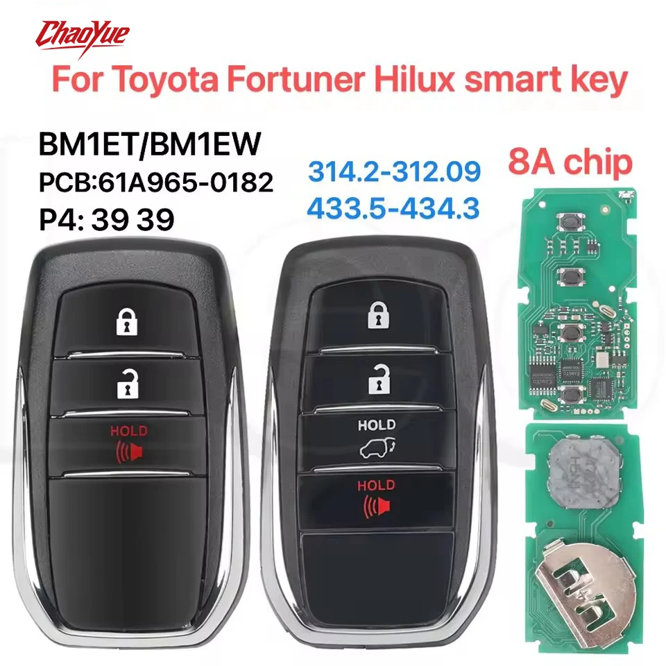 Llave inteligente sin llave CC para Toyota Fortuner Hilux VRZ SW4 SRV, 3-4 botones, PCB-0182 P4:3838 314-312 433-434MHz, chip 8A BM1ET BM1EW