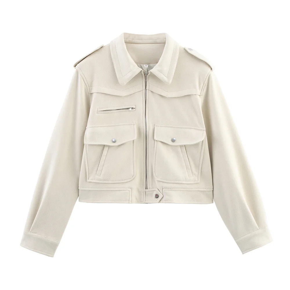 

Taop&Za women's fashion versatile temperament casual suede jacket new style lapel long sleeved zipper jacket