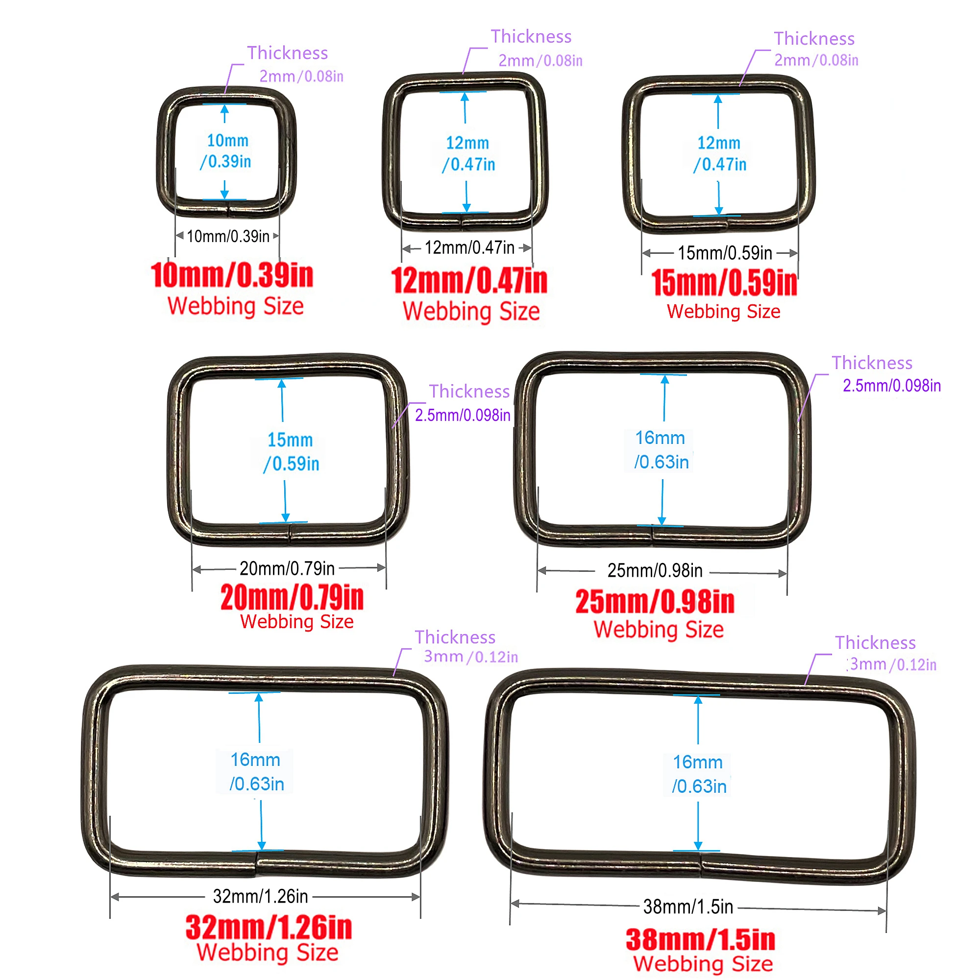 40 Pcs/Pack 10-38mm Metal Rectangle Ring Buckle Slide Loop Ring for Belt Backpack Strap Webbing Bag Pets Collar DIY Accessories