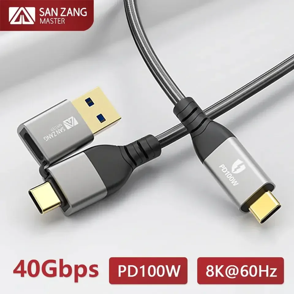 SANZANG 40Gbps USB A Type C Fast Charge Cable 2 in 1 PD100W Charging Cord Kabel Braid USB Extension Line Data Wire for Phone PC