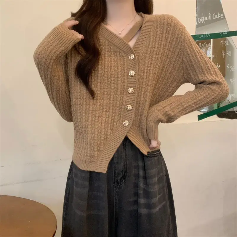 Women Autumn Winter Fashion Loose Irregular Solid Color V-neck Long Sleeve Knitwear Ladies All-match Knitting Cardigan Coat Tops