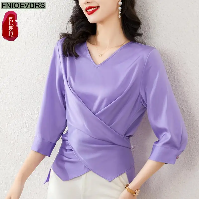 S-3XL 2023 Women Summer European Style Office Lady Solid Purple Black Elegant Peplum Top Blouses